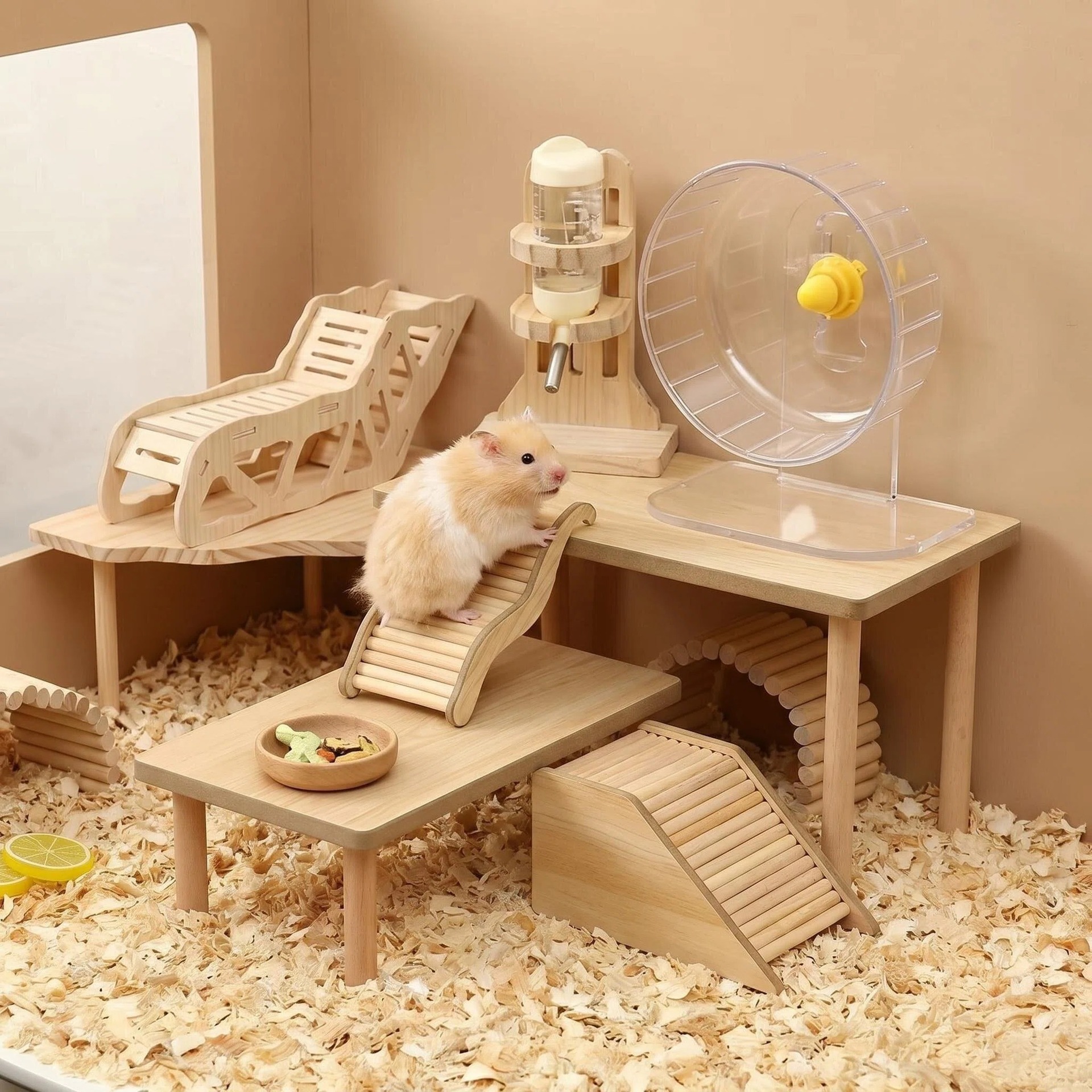 Wooden Hamster Hideout House Platform Habitat Decor Toy Set