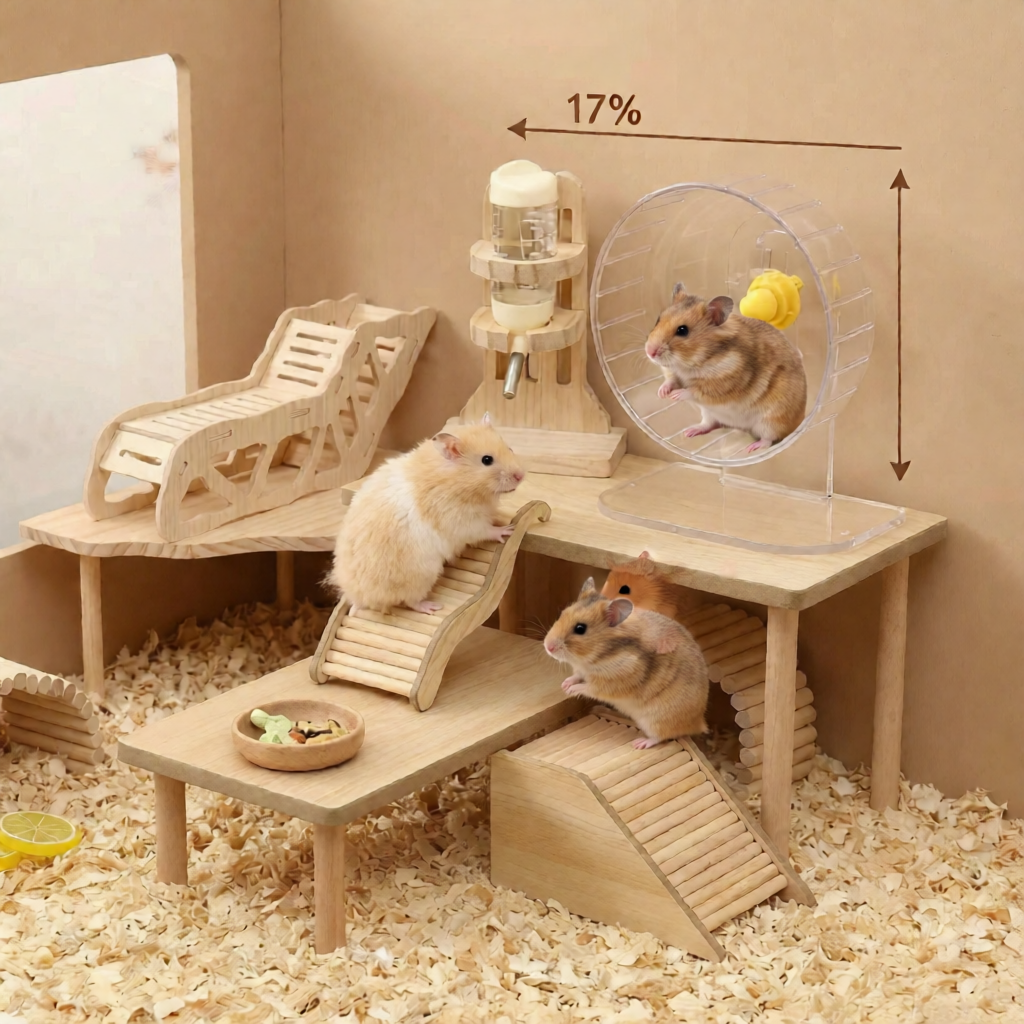 Wooden Hamster Hideout House Platform Habitat Decor Toy Set