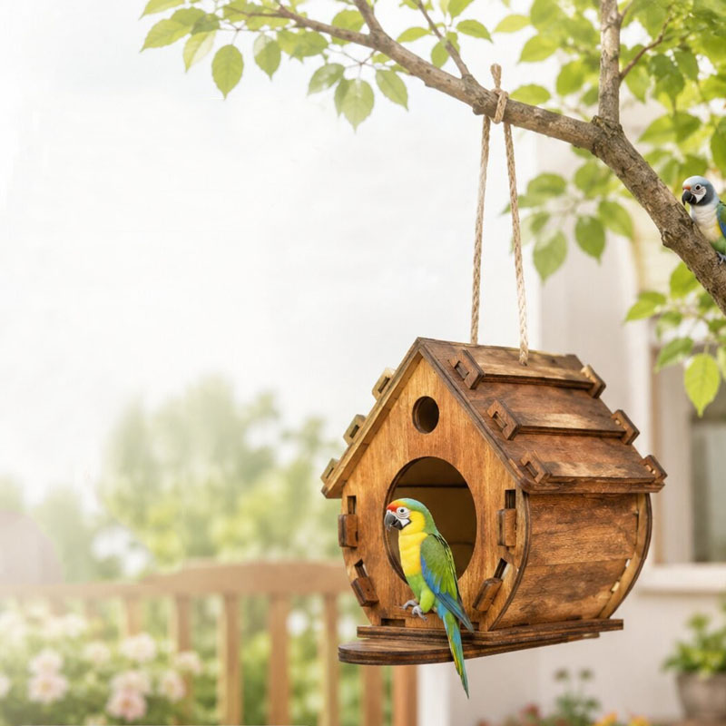 Outdoor Hanging Parrot Breeding Box - Natural Wooden Birdhouse for Ecological Landscape & Garden Decor detail