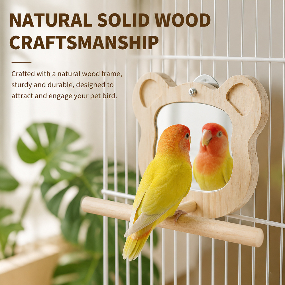 Natural Wood Parrot Perch Stand with Bear-Shaped Mirror - Thickened Platform & Interactive Bird Toy for Home Cages
