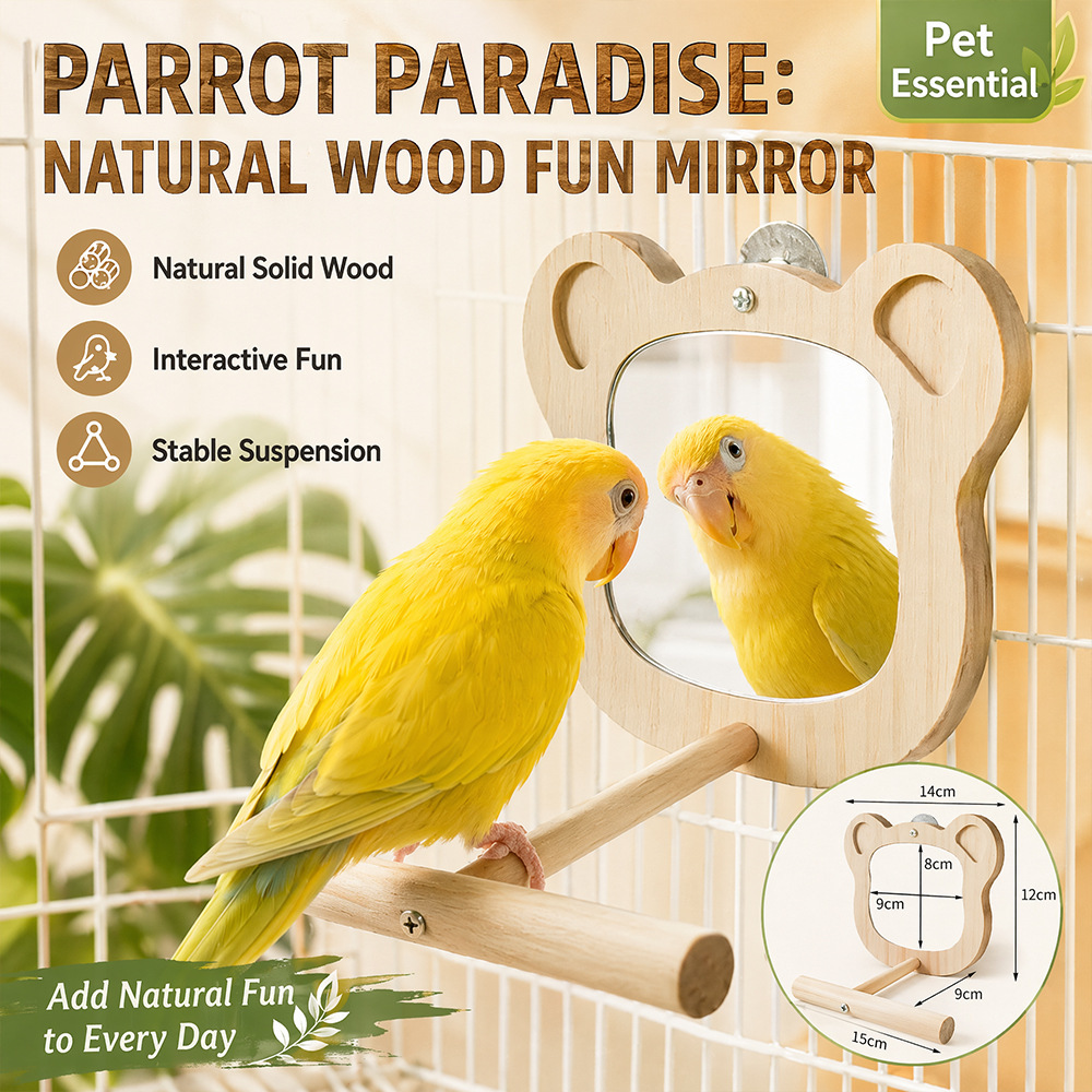 Natural Wood Parrot Perch Stand with Bear-Shaped Mirror - Thickened Platform & Interactive Bird Toy for Home Cages