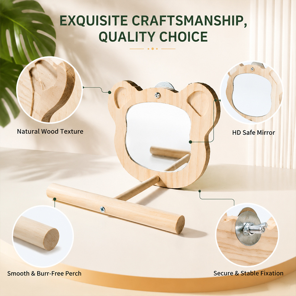 Natural Wood Parrot Perch Stand with Bear-Shaped Mirror - Thickened Platform & Interactive Bird Toy for Home Cages