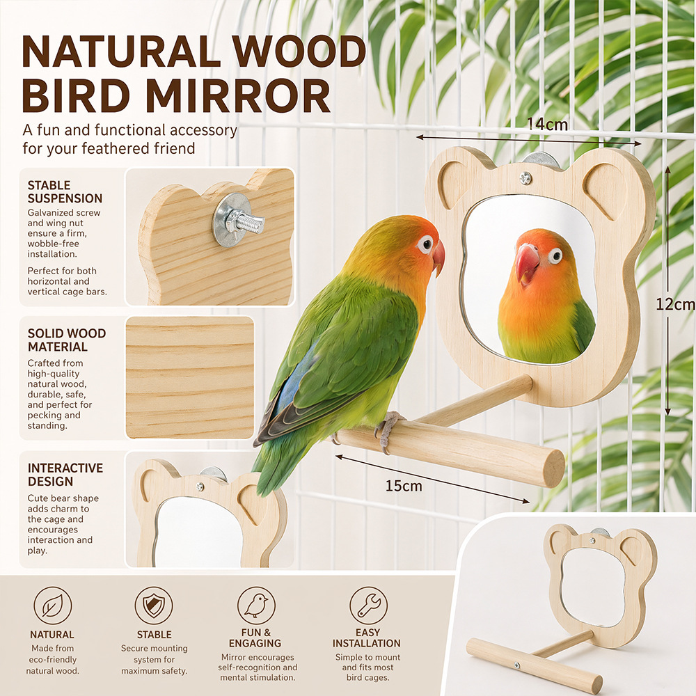 Natural Wood Parrot Perch Stand with Bear-Shaped Mirror - Thickened Platform & Interactive Bird Toy for Home Cages