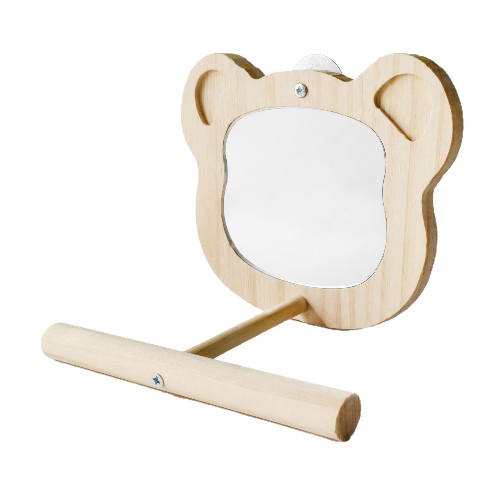 Natural Wood Parrot Perch Stand with Bear-Shaped Mirror - Thickened Platform & Interactive Bird Toy for Home Cages detail