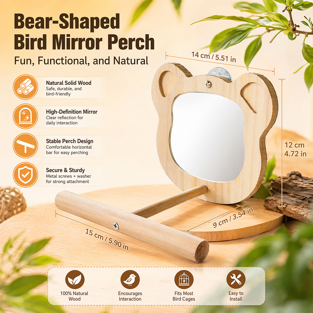 Natural Wood Parrot Perch Stand with Bear-Shaped Mirror - Thickened Platform & Interactive Bird Toy for Home Cages detail