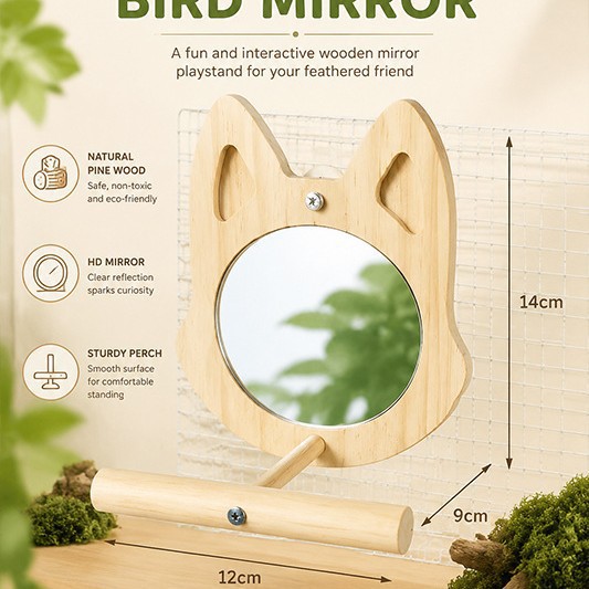 Natural Wood Parrot Perch Stand with Bear-Shaped Mirror - Thickened Platform & Interactive Bird Toy for Home Cages detail