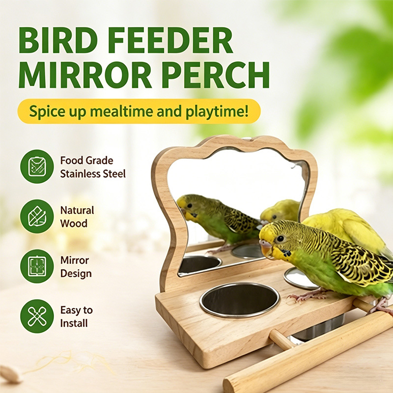 Wooden Parrot Perch Stand with Mirror & Feeder - Multi-functional Bird Station for Cage Decoration