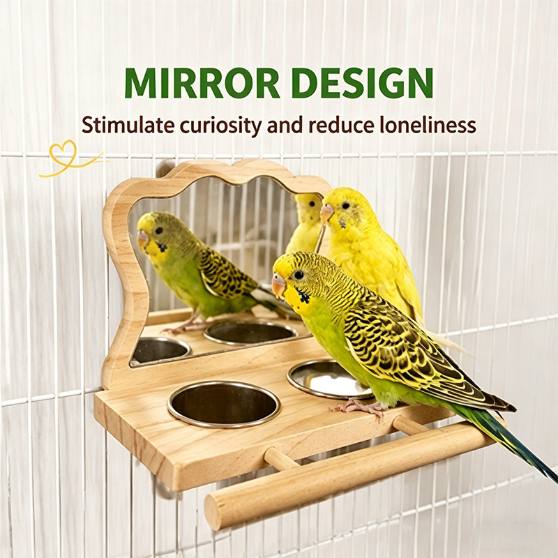 Wooden Parrot Perch Stand with Mirror & Feeder - Multi-functional Bird Station for Cage Decoration