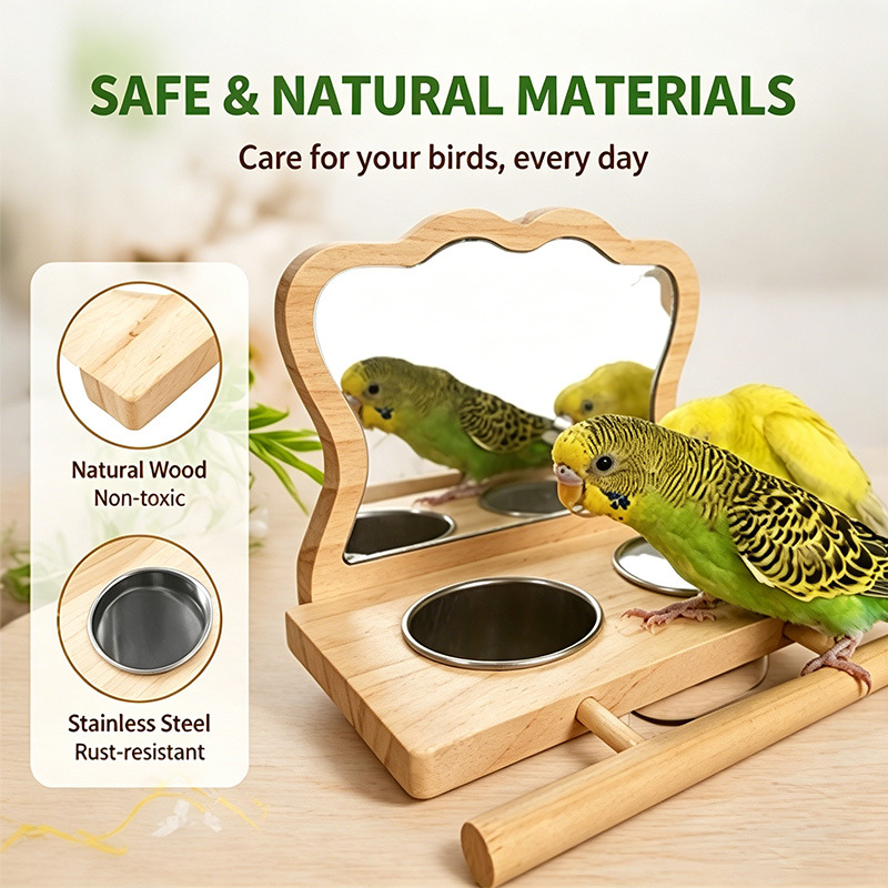 Wooden Parrot Perch Stand with Mirror & Feeder - Multi-functional Bird Station for Cage Decoration