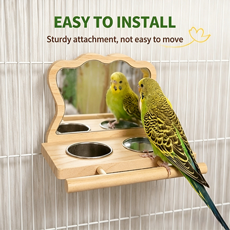 Wooden Parrot Perch Stand with Mirror & Feeder - Multi-functional Bird Station for Cage Decoration