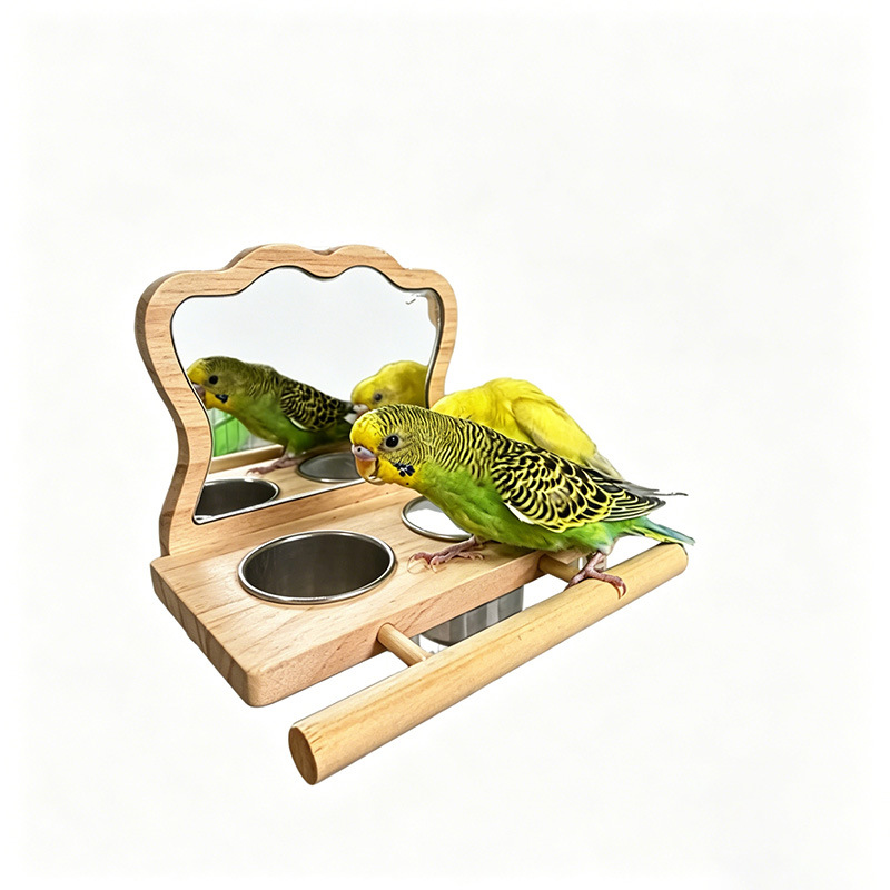 Wooden Parrot Perch Stand with Mirror & Feeder - Multi-functional Bird Station for Cage Decoration detail