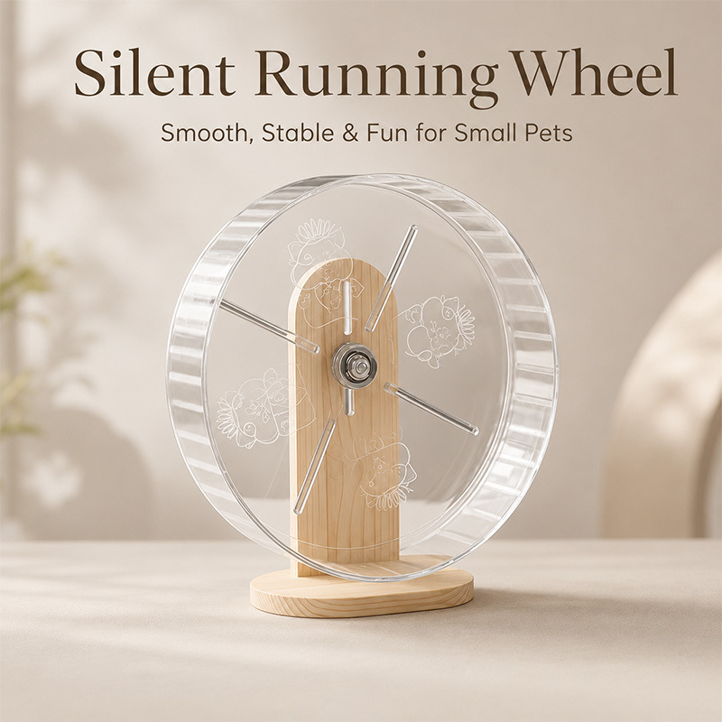 Transparent Silent Hamster Wheel with Wooden Stand