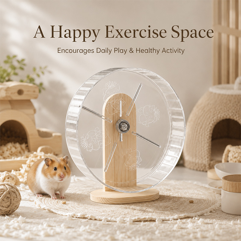 Transparent Silent Hamster Wheel with Wooden Stand