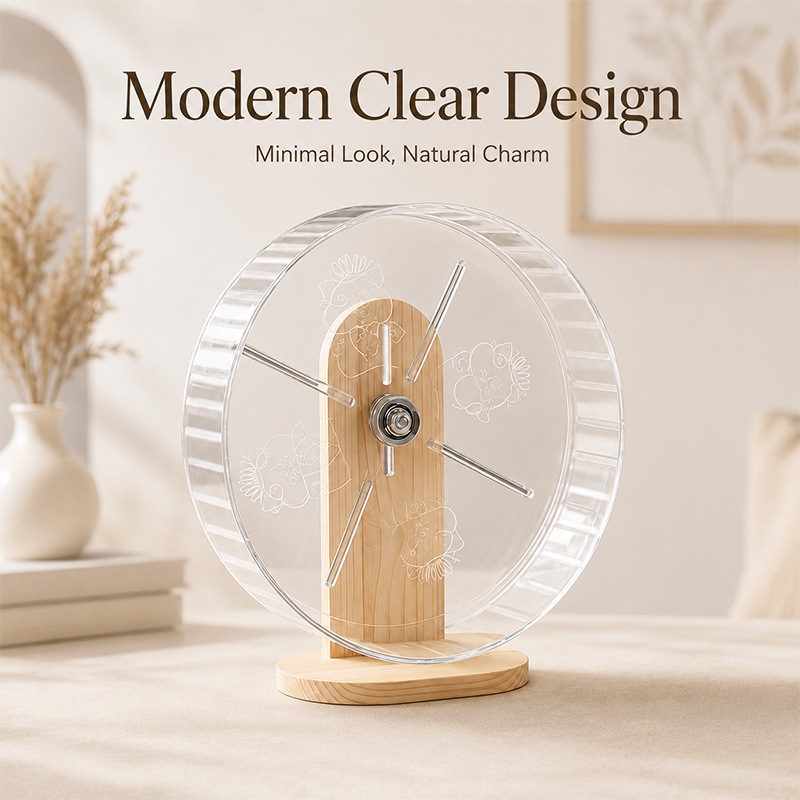Transparent Silent Hamster Wheel with Wooden Stand detail