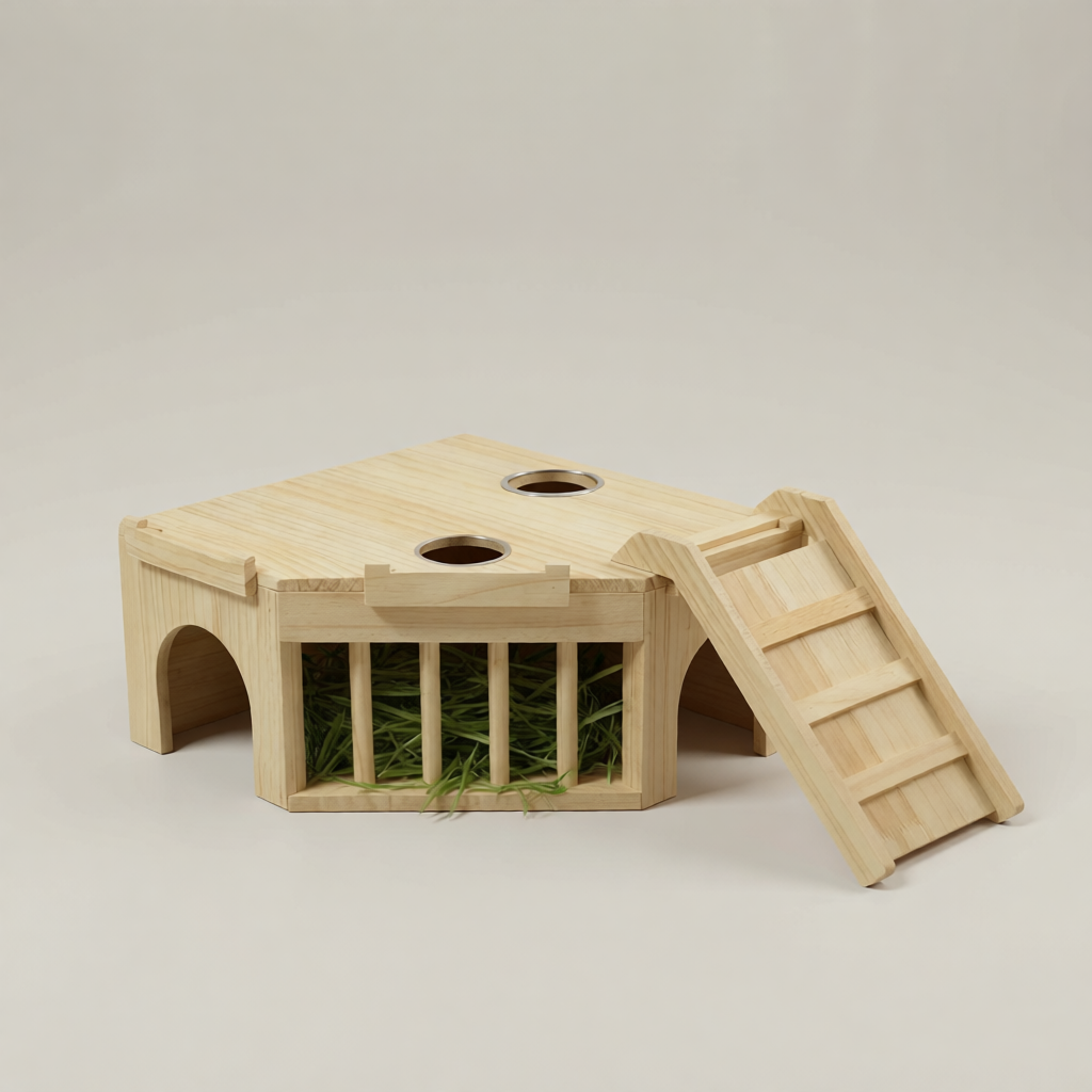 Wooden Small Pet Hideout House with Hay Rack and Feeding Bowl