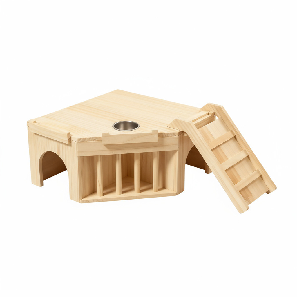 Wooden Small Pet Hideout House with Hay Rack and Feeding Bowl
