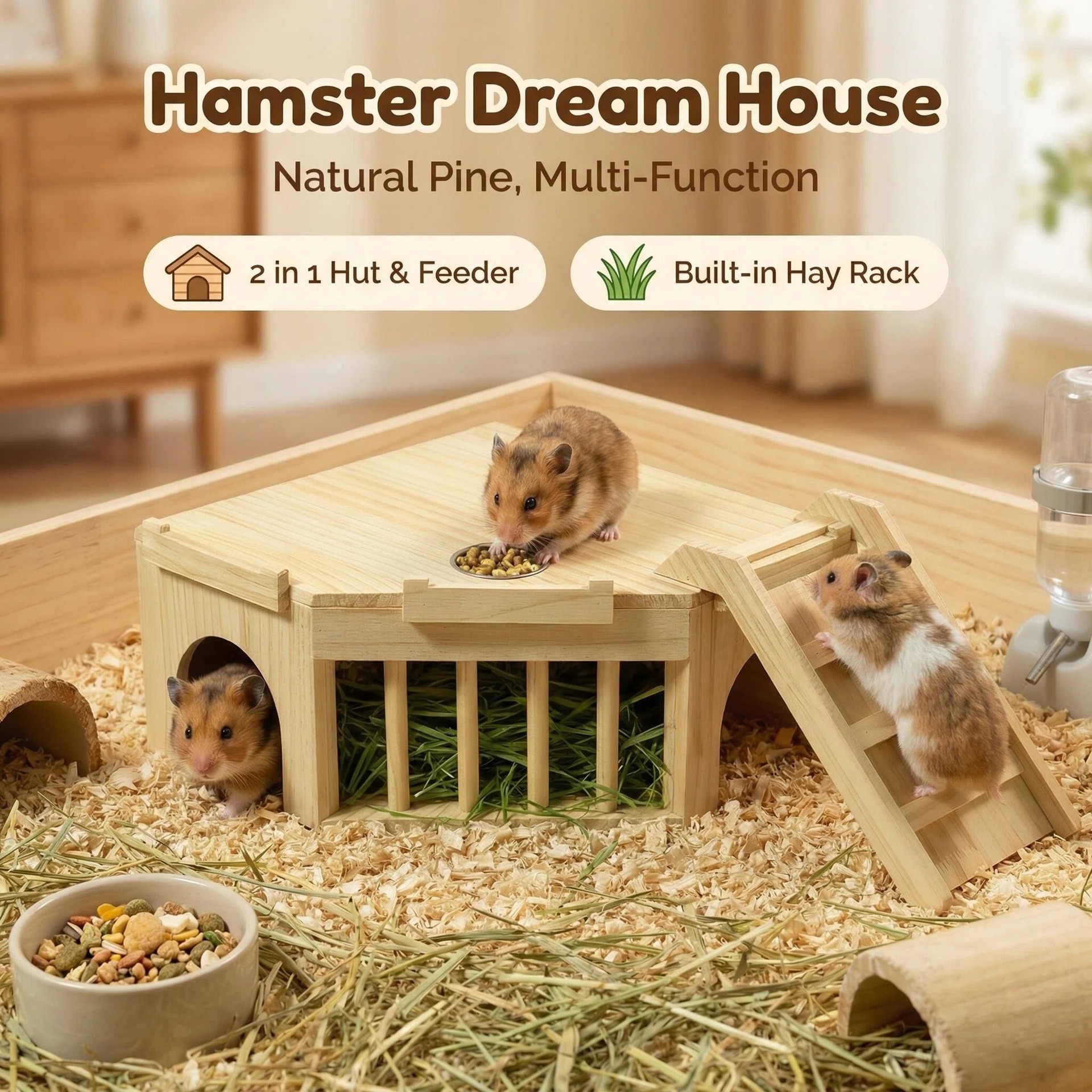 Wooden Small Pet Hideout House with Hay Rack and Feeding Bowl