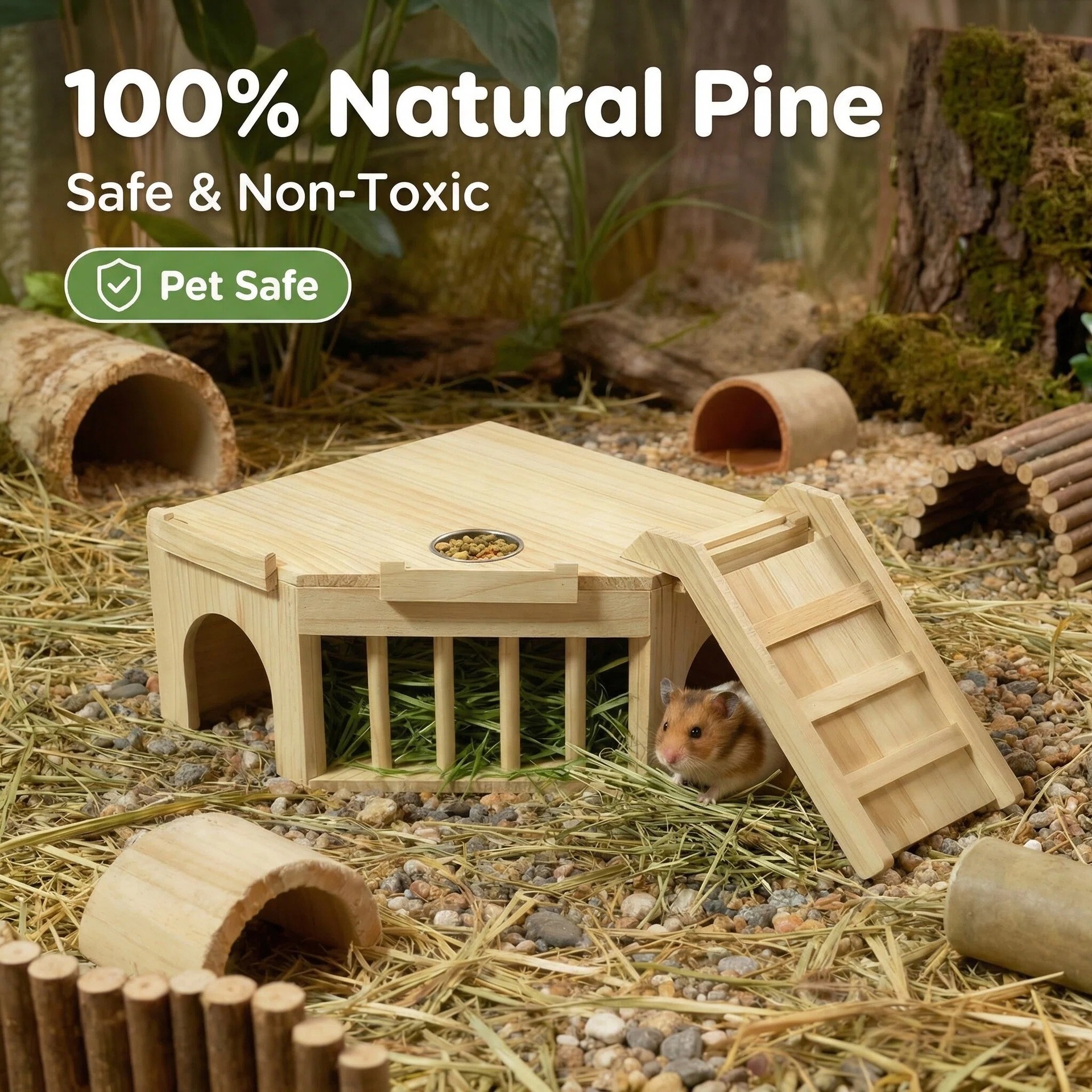 Wooden Small Pet Hideout House with Hay Rack and Feeding Bowl
