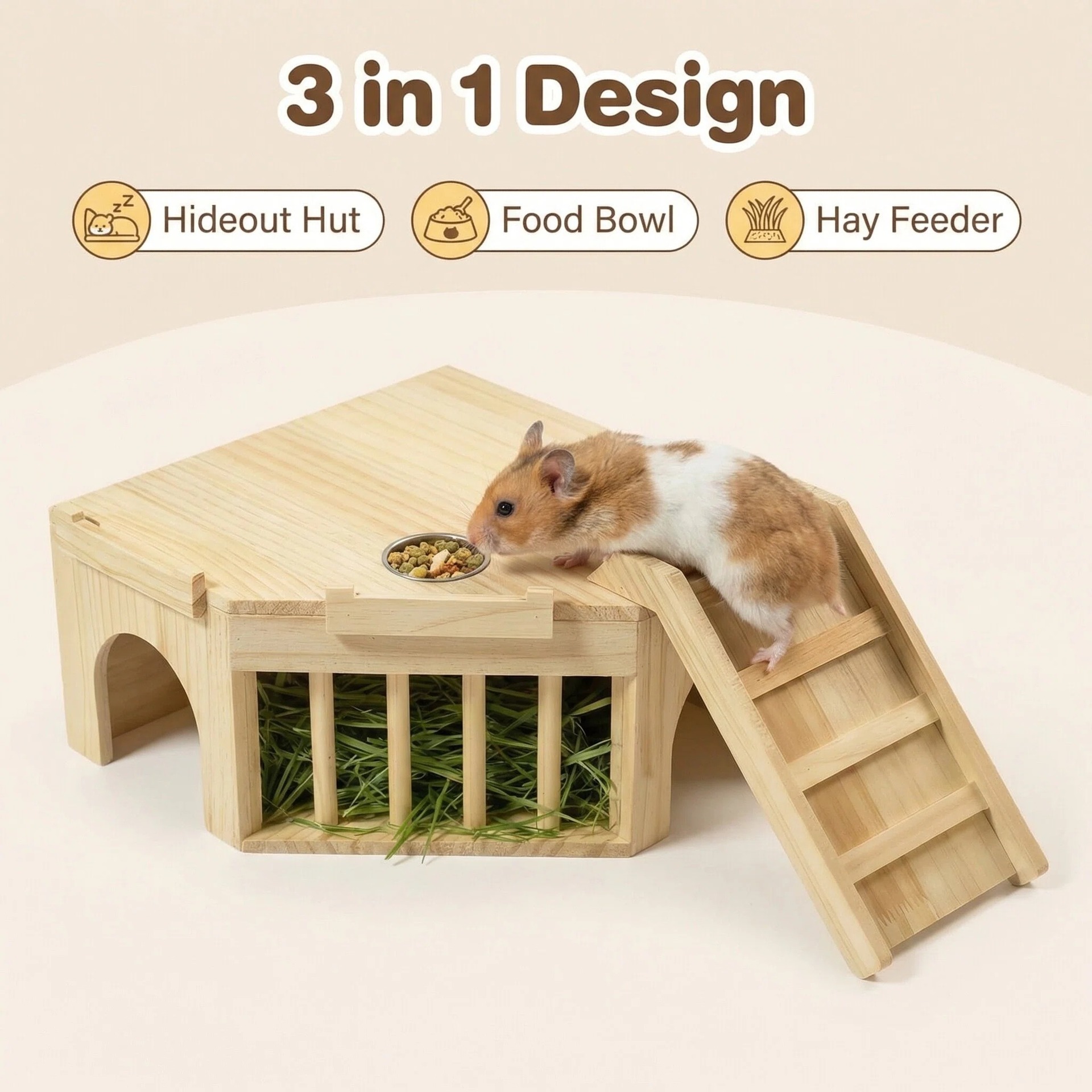 Wooden Small Pet Hideout House with Hay Rack and Feeding Bowl detail
