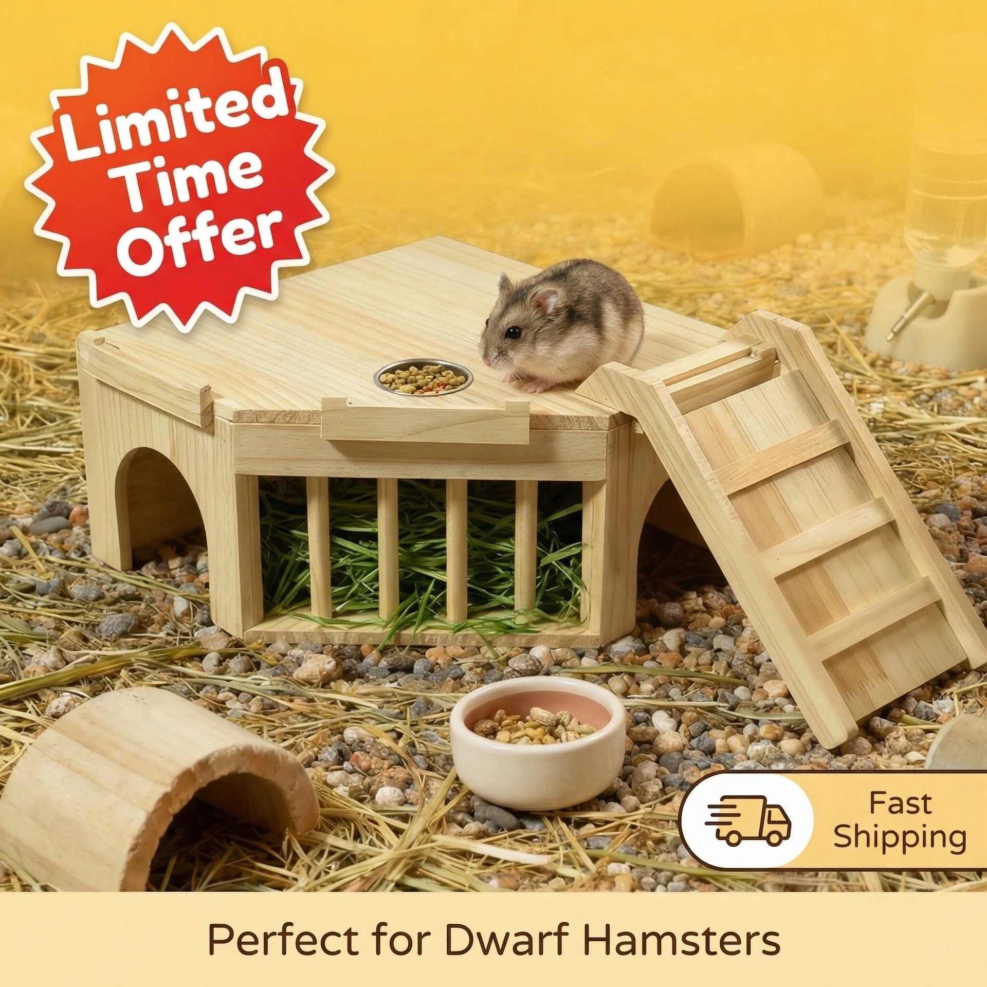 Wooden Small Pet Hideout House with Hay Rack and Feeding Bowl detail