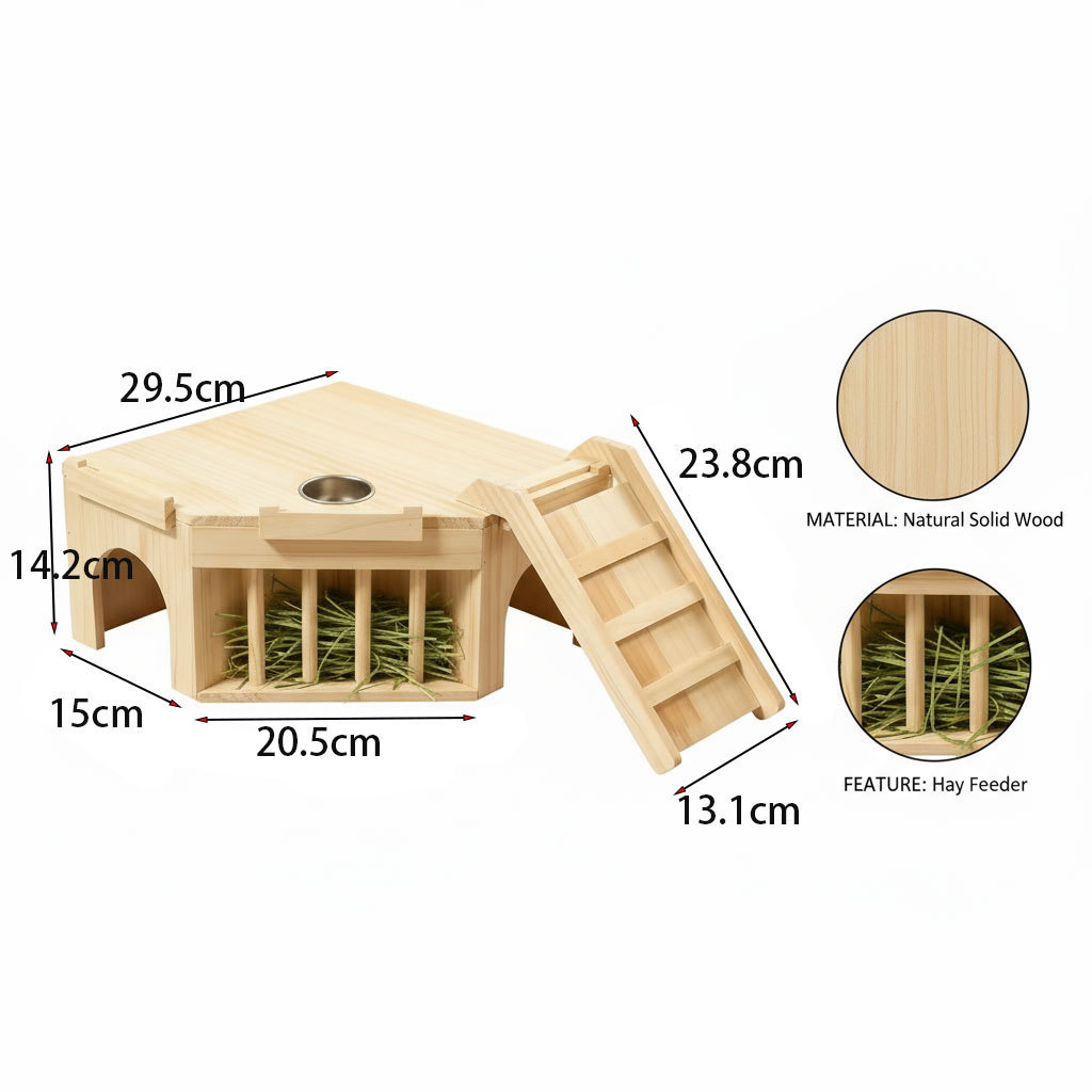 Wooden Small Pet Hideout House with Hay Rack and Feeding Bowl detail