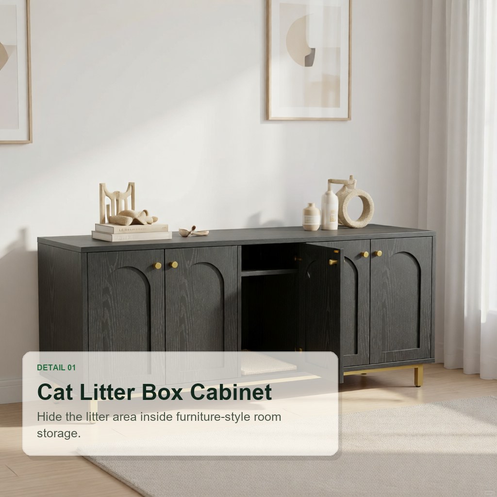 Black Double-Room Cat Litter Box Cabinet for Cleaner Rooms